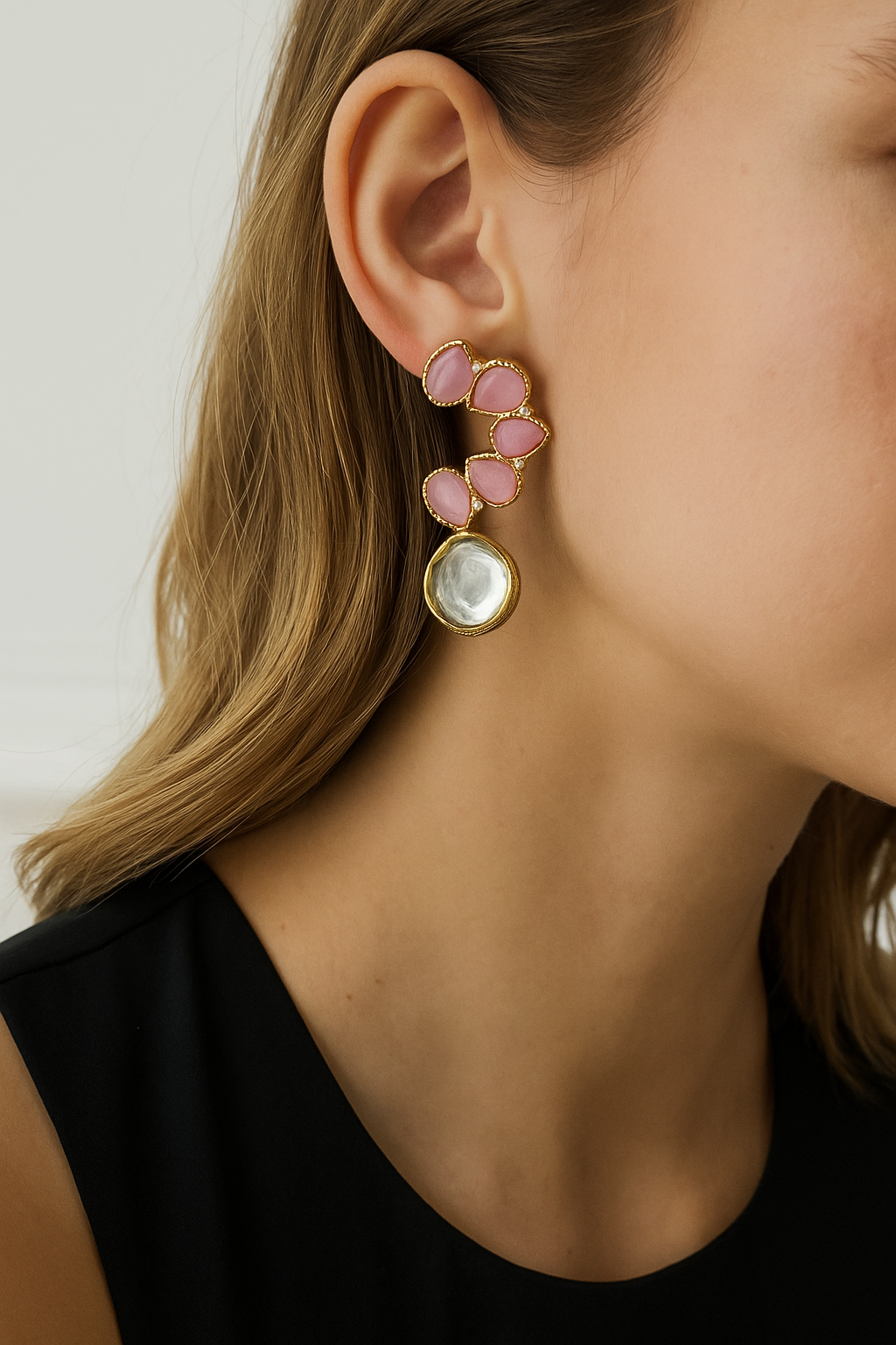 Pink Stone Drop Earrings with Kundan Finish